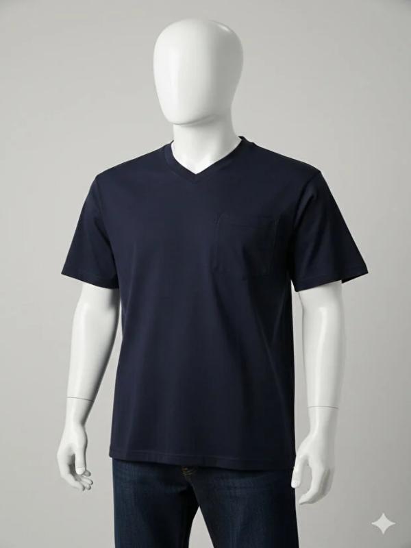 Yazlık V.yaka Penye Tshirt %100 Pamuklu Sol Göğüs Cepli